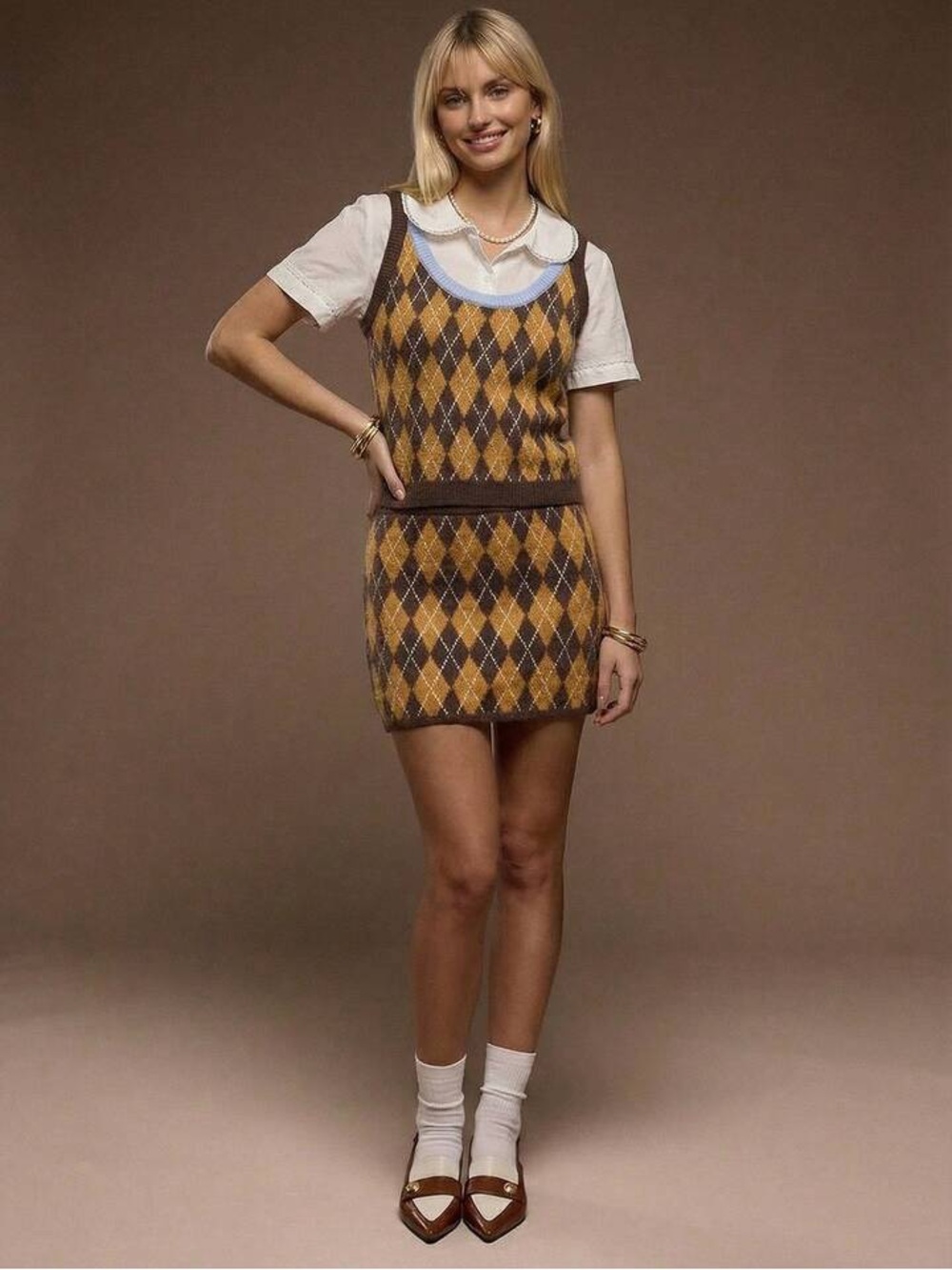 Argyle Knit Skirt Set in Mustard and Brown